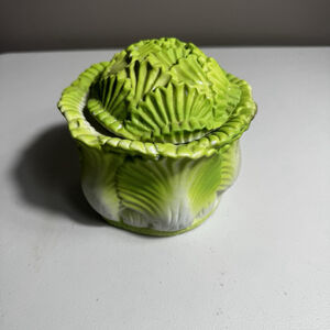 Vintage Green Cabbage Leaf Ceramic Lidded Jar Cookie Canister Kitchen Decor